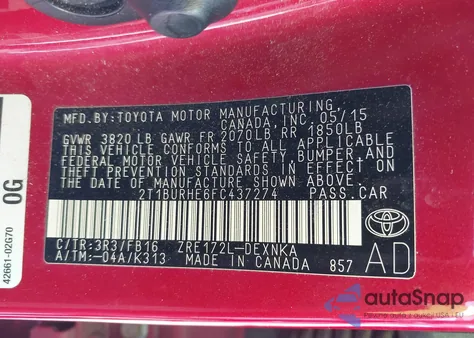 2015 Toyota Corolla Le z USA, uszkodzony, nr VIN 2T1BURHE6FC437274